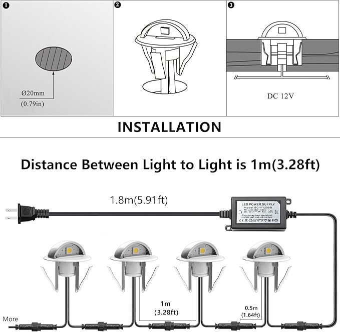 RNEHON 16-Pack Warm White LED Deck Lights Kit, Φ1.38 12V Low Voltage Step Stair Lights,IP65 Waterproof Recessed Landscape Lighting, Adapt for Garden,Yard Steps,Stair,Patio,Floor,Kitchen Decoration