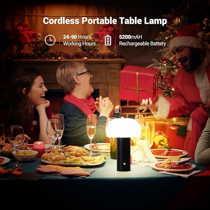Cordless Mushroom Table Lamp Rechargeable,4000mAH Portable Battery Operated Lamp,3 Color Stepless Dimming Modern Lamps for Bedside Lamps,Touch Dimming Night Light for Home/Restaurant Black