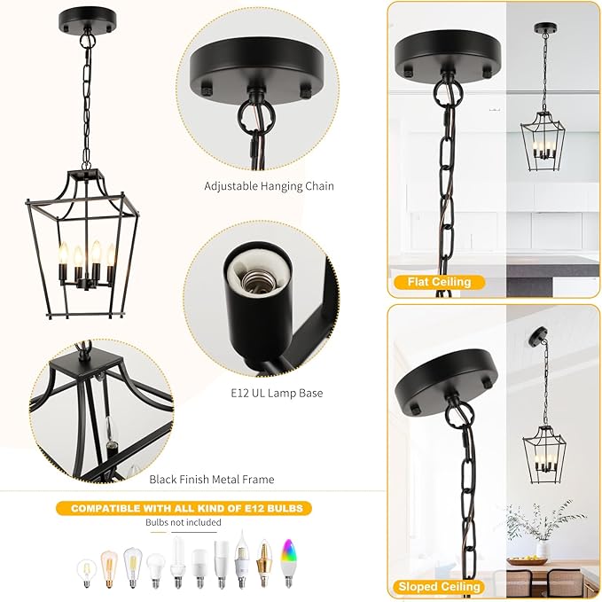 Black Lantern Pendant Light 4-Light Pendant Light Fixtures Hanging Farmhouse Chandelier with E12 Bulb Base, 12" Adjustable Lantern Light Fixture for Dining Room Kitchen Foyer