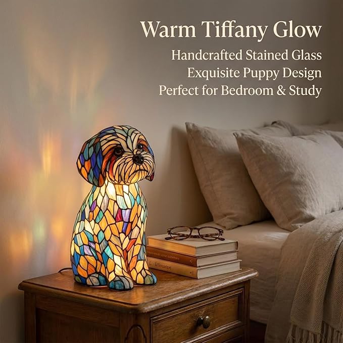 Rainbow Puppy Lamp Stained Glass Dog Night Light 3D Retro Stained Resin Rainbow Pup Lights Charge Powered Table Lamp Puppy Glow Lamps for Home Bedroom Desk (Dog-A)