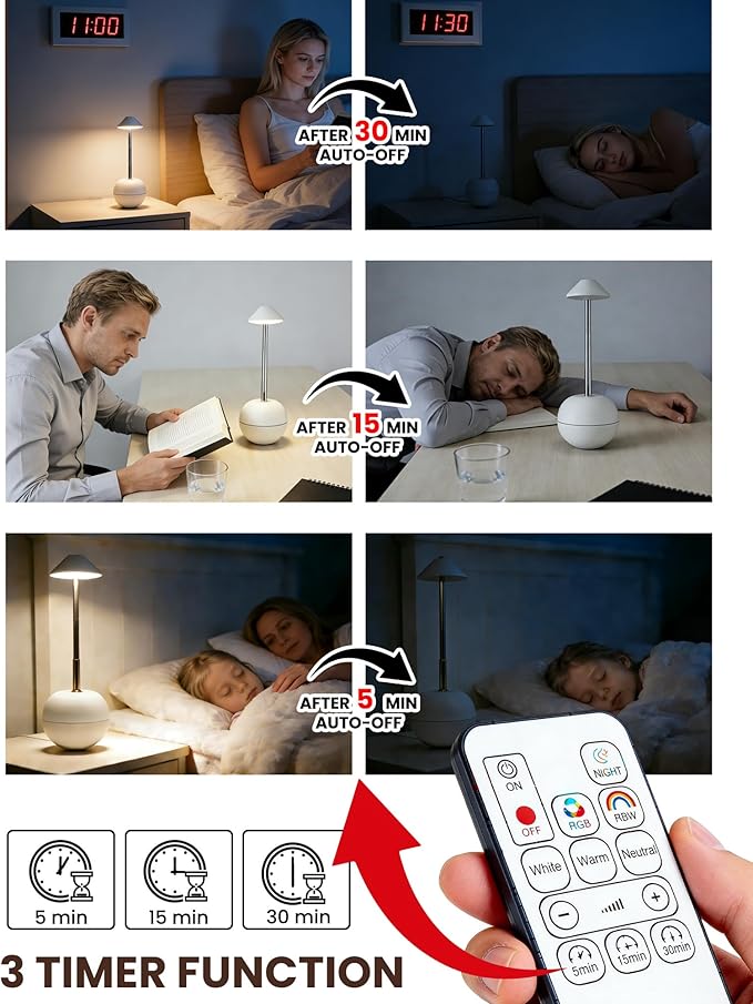 yadoker Tumbler Table Lamp with Remote, Cordless Touch Bedside Lamp, Rechargeable USB Small Lamp for Nightstand, Multiple Colors Dimmable Mushroom Shape Night Light for Nursery, Bedroom
