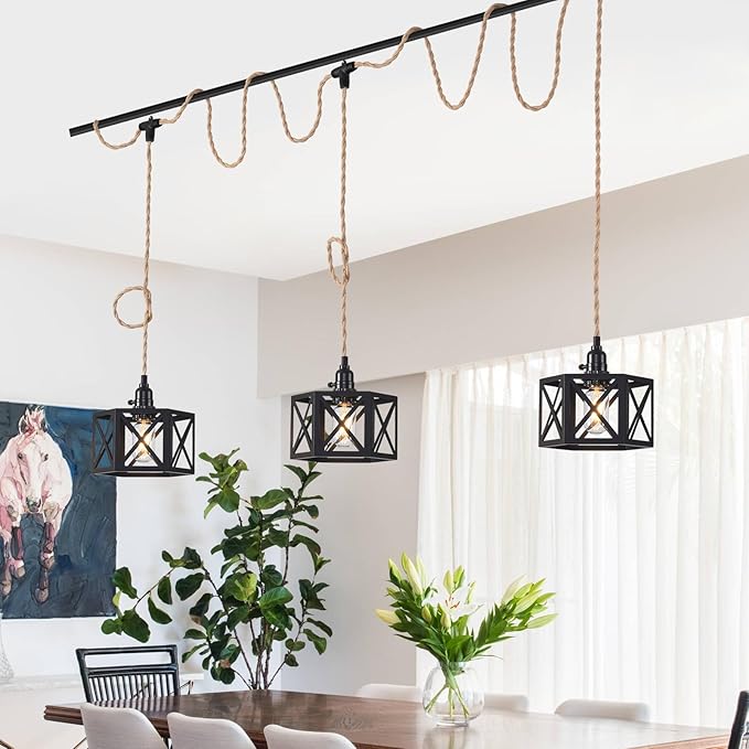 3 Light Plug in Pendant Light Rattan Hanging Lights with Switch 22FT Industrial Ceiling Light,Plug in Cord with Woven Hemp Rope Lamp Shade, Hanging Lamp Cord Farmhouse Cable DIY