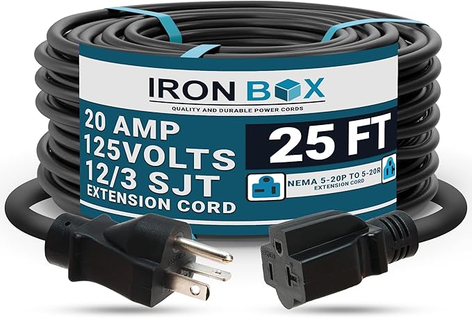IronBox Electric NEMA 5-20P to 5-20R Extension Cord - 20A, 125V, 12/3 SJT Jacket - Heavy Duty Outdoor Generator Cords & Plugs - UL Listed Extension Cable for Data Centers, Camper & More (25ft, Molded)