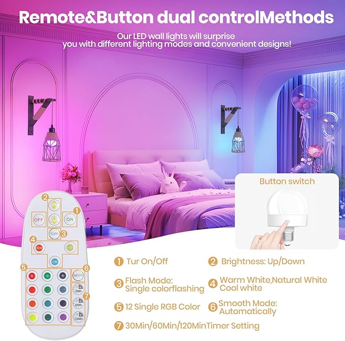 SEEBLEN Battery Operated Wall Sconce Set of Two, 12 RGB Colors Wireless Rechargeable Wall Light with Remote Control, Dimmable Farmhouse Wood Wall Lamp for Bedroom Living Room.