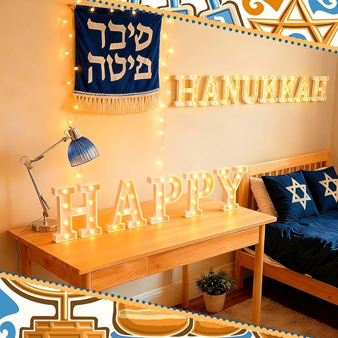 13 Pcs Happy Hanukkah Large LED Letter Sign LED Lights Battery Powered Jewish Table Decoration for Chanukah Party Jerusalem Party Decor