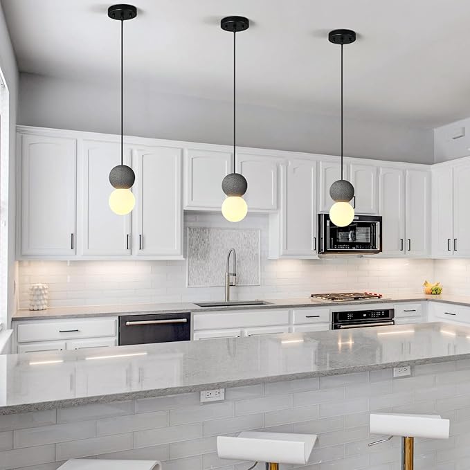 Modern Black 1-Light Concrete Pendant Light Kitchen Island Ceiling Light Fixture White Glass Globe Ball Pendant Lighting for Dining Room Coffee Club Resturant Bar Living Room(1-Pack)