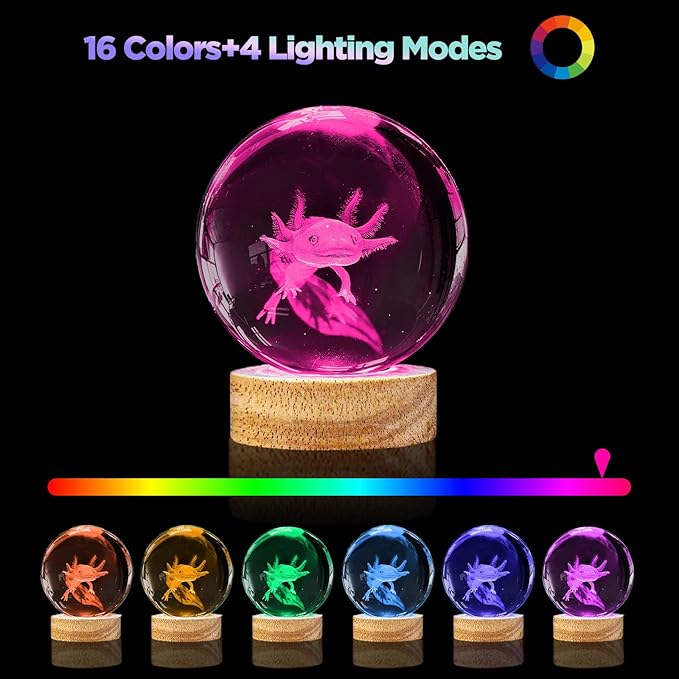 3D Axolotl Crystal Ball Night Light,3.15in k9 Crystal Ball Lamp with 16 Colors Change,Wooden Base and Remote Control Decor Axolotl Gifts for Kids