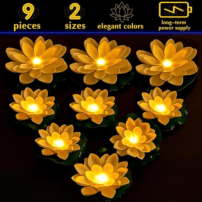Hortsun 9 Pcs Floating Lotus Lights with Batteries Lily Pads Pool Flowers Floating Candles Decor Artificial Pond Plants Decorations for Pool Pond Outdoor Indoor (White,Yellow Light,3.94/5.91 Inch)