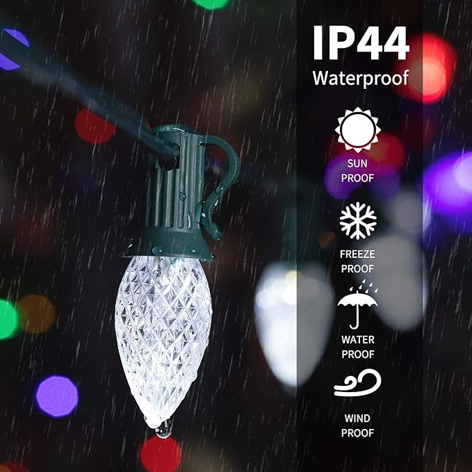 25 Pack C7 LED Replacement Christmas Light Bulbs for Light Strand and Christmas String Lights, Plastic Shatterproof Dimmable Holiday C7 Bulbs for E12 Base Sockets, Commercial Grade, Pure White