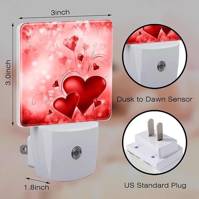Red Hearts Love Night Light,Dusk-to-Dawn Auto Sensor Sweet Heart Romantic Red Plug in Night Light for Kids,0.5W Energy Saving LED NightLights for Bedroom,Ideal Gifts for Birthday Mother's Day