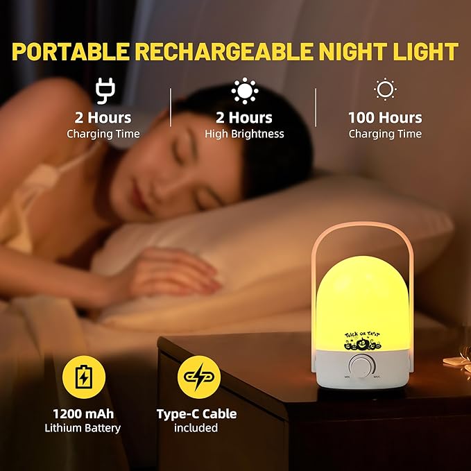 Table Lamp, Night Light for Kids,1200mAh 2 Colors, with Pumpkin Pattern, Wireless Rechargeable Camping Light, Halloween Outdoor Lighting Power Outage Small Lamps,White B