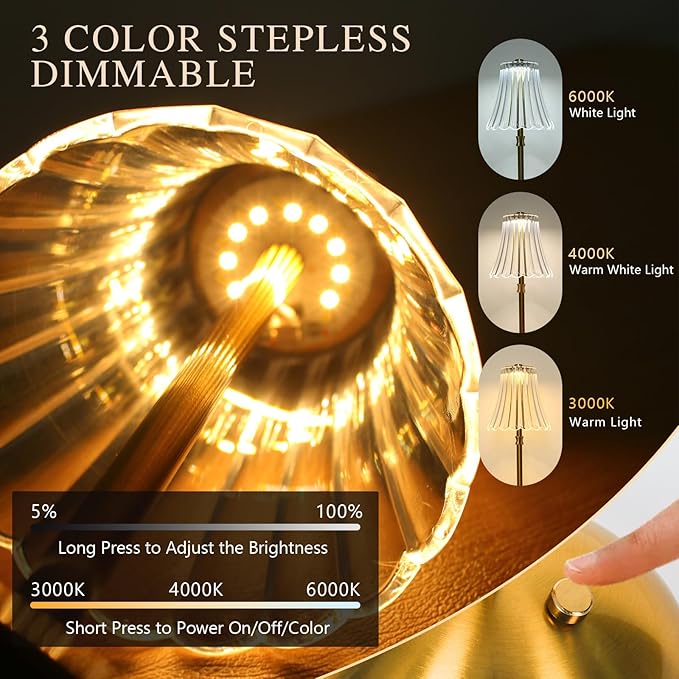 2 Pack Touch Cordless Table Lamp Rechargeable, 3600mAh Battery Operated Small Crystal Lamp, 3 Color Dimmable Vintage Gold Table Light for Bedroom/Kitchen/Gift for Home Décor (Art Decor)