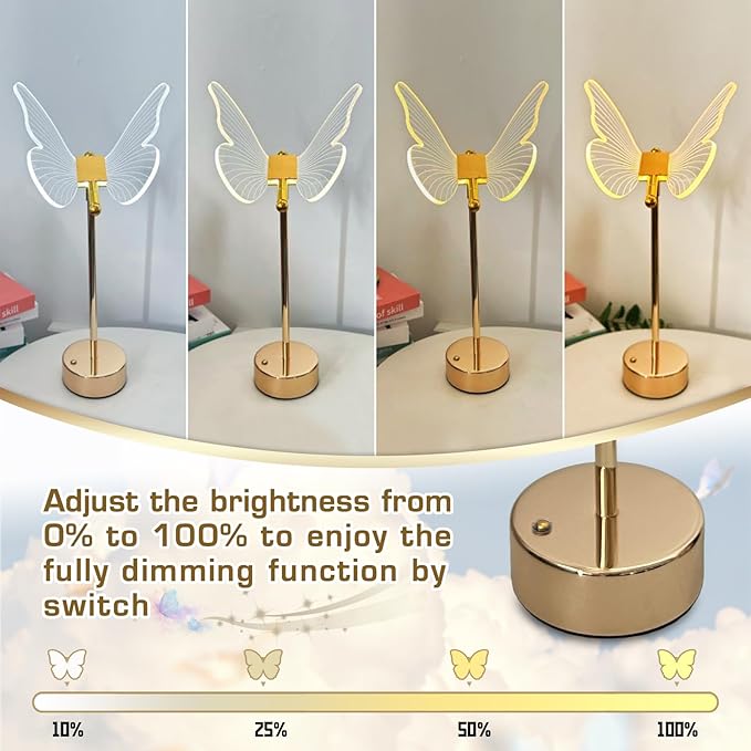 Butterfly Table Lamp,Tricolor Butterfly Lamp for Nightstand,3 Way Dimmable Butterfly Bedside Lamps, Acrylic Butterfly Touch Lamp for Living Room Bedroom Home Decor,Gold