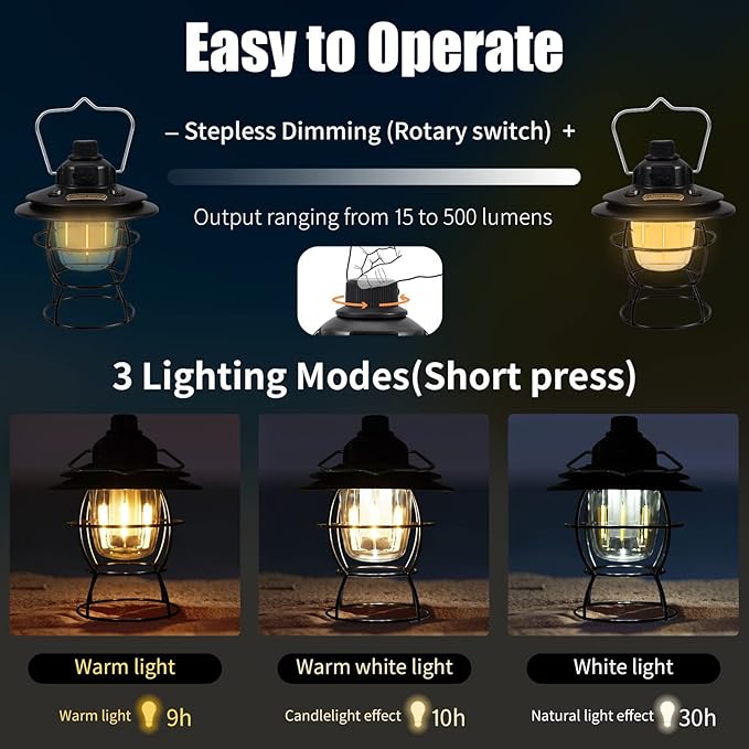 LED Camping Lantern Rechargeable,Vintage Lanterns for Power Outages,Retro Style,3 Light Modes with Dual Lamp Beads,Stepless Dimming,Portable Hanging Tent Light for Hurricane,Emergency,Indoor(Black)