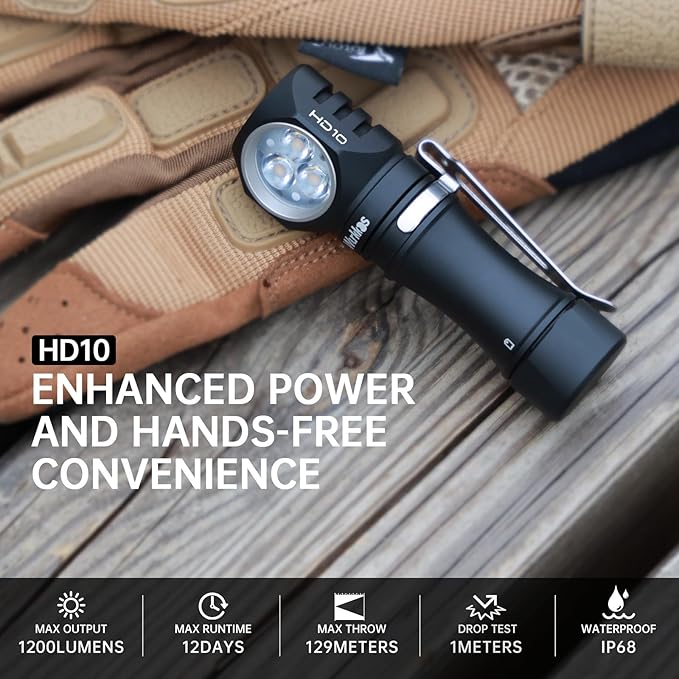 Wurkkos Flashlight Rechargeable 1200 Lumens Small Flashlights with Magnet - HD10 Right Angle Flashlight with Anduril 2.0 RGB UI, IP68 Pocket Flash Light for Headlamp Use,Working,Hiking,Climbing-4000K