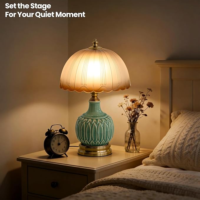 Mid-Century Modern Table Lamp, Green Bamboo Ceramic Base with Scalloped Gradient Glass Shade, 3-Color Dimmable LED Bedside Lamp for Bedroom & Living Room, Aesthetic Home Decor, Bulb Included