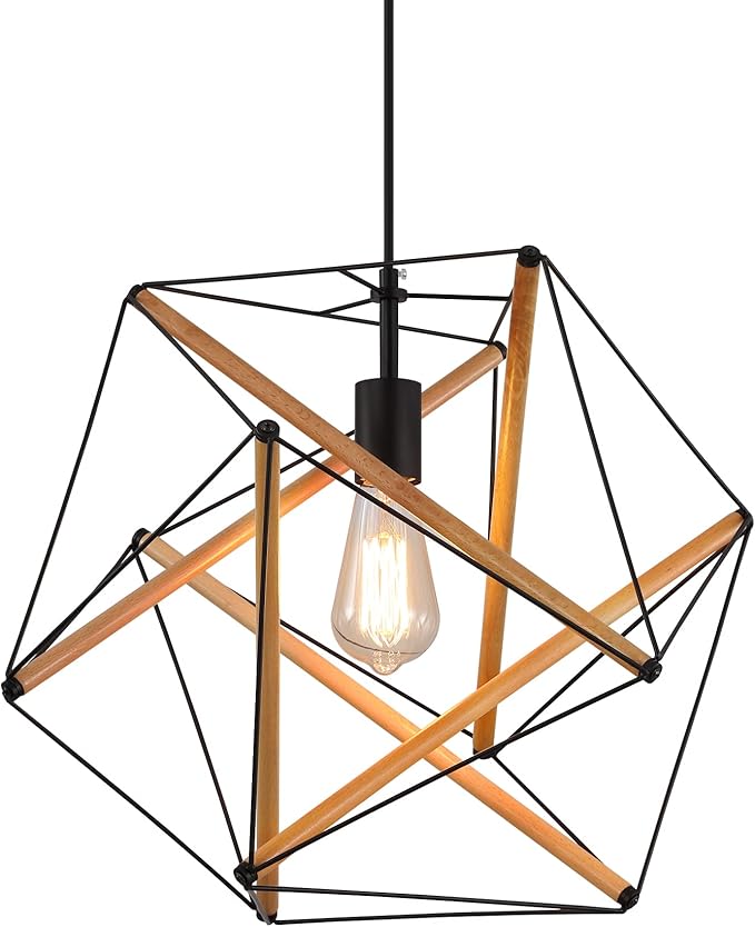 AMZASA Black Geometric Art Deco Hanging Pendant Light Metal and Wood Modern Industrial Chandelier Light Fixture for Dining Room Kitchen Island Arts Center Yoga Studio,Need Assemble UL Listed