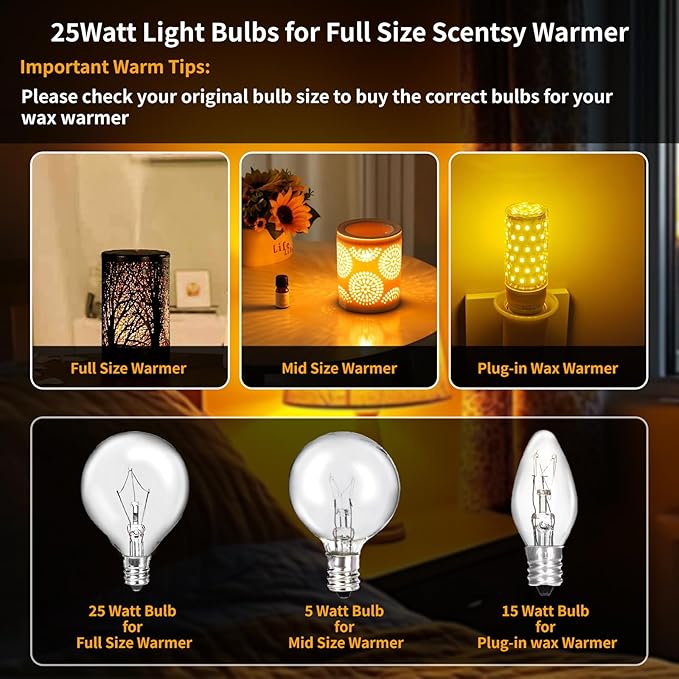 8 Pack 25 Watt Wax Warmer Bulbs Replacement Light Bulb for Full Size Scentsy Warmer 120V G50 E12 Incandescent Standard Base for Indoor Outdoor Patio String Lights