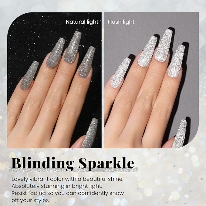 Beetles Reflective Glitter Gel Nail Polish, 15ml Silver Glitter Nail Polish Shimmer Soak Off Uv LED Lamp Gel Nail Art Manicure Salon DIY Home Diamond Gift for Women