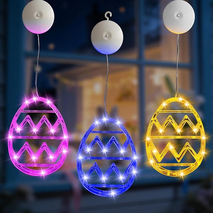 Easter Window Lights Decorations, 3 Pack Easter Hanging Window Decor Pink Yellow Blue Egg Lights with Suction Cup, Indoor Battery Operated Egg LED Holiday Lamp for Home Door Window (Pink Yellow Blue)
