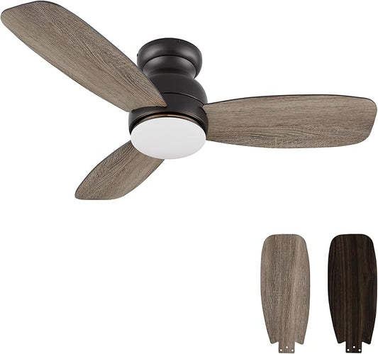 CEME 44 Inches Black Ceiling Fan with Light Flush Mount, DC 10 Speeds Silent Ceiling Fan with Remote, 3 Dual Finish Blades, 3 Light Colors Dimmable LED for Living Room, Bedroom