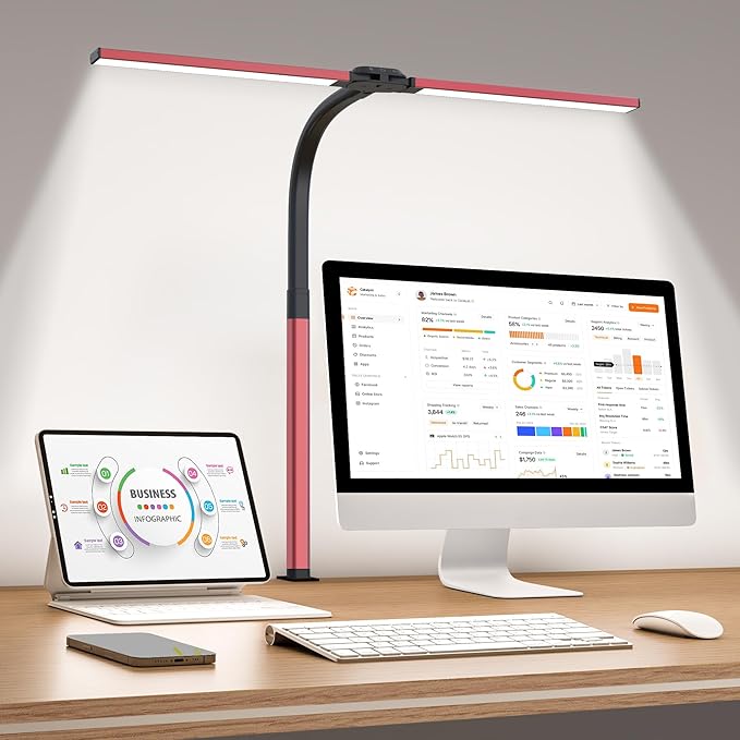 LED Desk Lamp for Home Office, Eye-Caring Desk Light with Clamp, 24W Double Head Architect Task Lamp Stepless Dimming, Flexible Gooseneck Bright Table Lamp for Study Reading Workbench Drafting Red