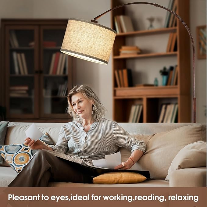 Dimmable Arc Floor Lamps for Living Room, Mid Century Floor Lamp, Antique Bronze Standing Lamp with Adjustable Hanging Shade, Tall Pole Lamp Reading Light for Bedroom, Over Couch, 9W LED Bulb Included