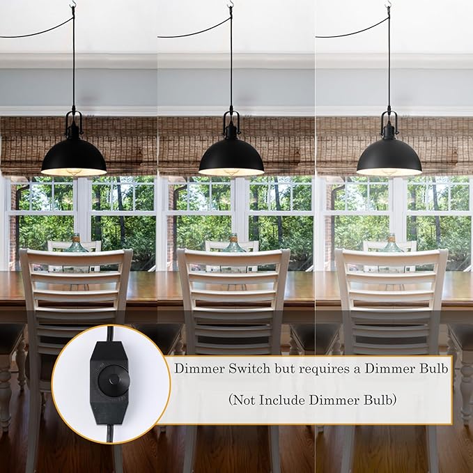 Plug in Pendant Light, Matte Black Haning Light with 19.68 ft Cord, Dimming Switch, Metal Farmhouse Hanging Lamps for Living Room, Kitchen, Dining Room, Bedroom 9.84"