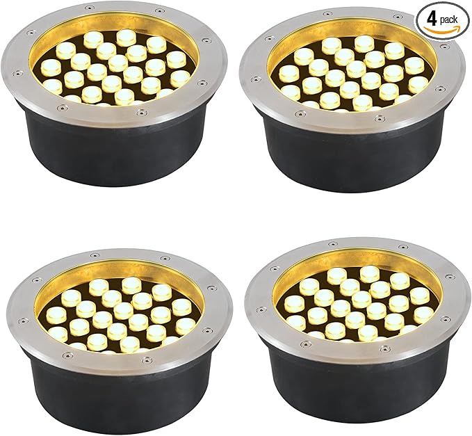 Outdoor In Ground Lights 24W,Diameter 8.66 inches,Big Landscape Light Line Voltage,Warm White 3000K,Waterproof IP67,Wired Well Lights 120V Pathway,Walkway,Step,Deck,Pack of 4