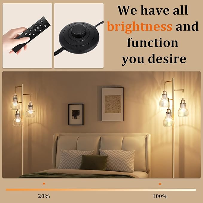 Dimmable Gold Floor Lamps for Living Room, Farmhouse Tree Standing Tall Lamp with Remote Control 3 Elegant Cage Shade LED Bulbs for Bedroom Office - Gold