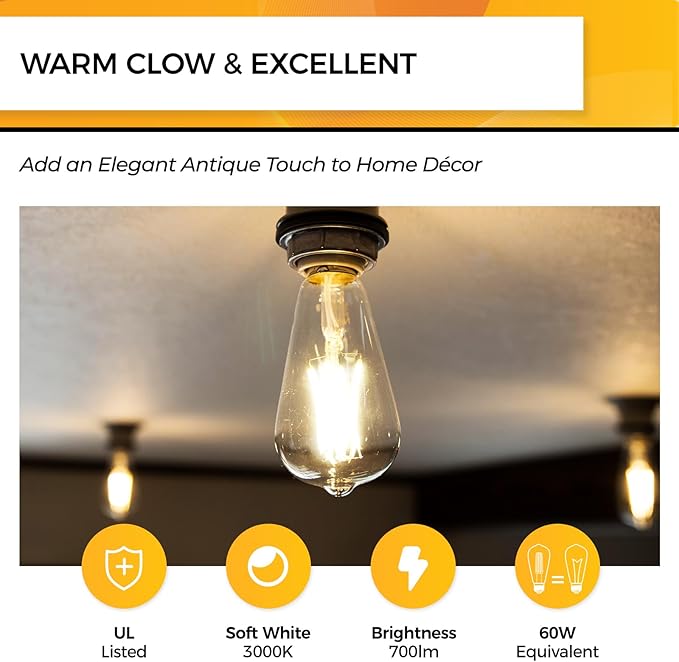 Hizashi LED Edison Bulbs, 6W, Equivalent 60W, 3000K Soft White, Dimmable E26 LED Bulb, 95+ CRI 700 Lumens, ST19 Vintage Light Bulbs, Clear Glass, Pack of 6