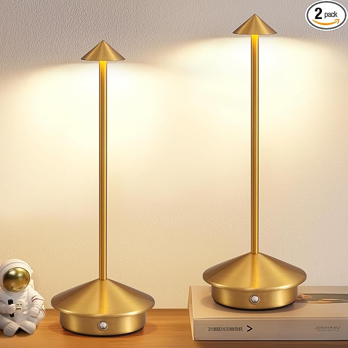 Modern Cordless Table Lamp Set of 2, Portable LED Desk Lamps, 5000mAh Rechargeable Battery Operated Lighting for Bedroom Dining Room Restaurant Coffee Shop Camping Night Light (Gold)