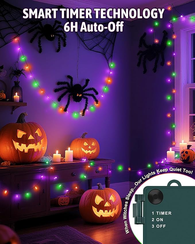 Halloween String Lights Battery Operated, Orange Purple and Green Fairy Lights with Timer Waterproof 9.8ft 30 LED Halloween Decorations for Outdoor Indoor Patio Party Garden Yard Decor 2 Packs
