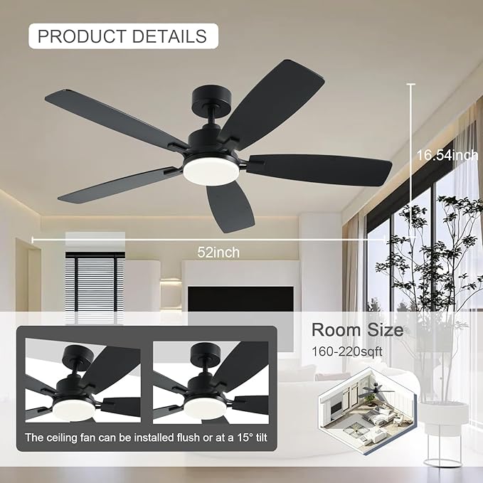 52 Inch Ceiling Fans with Lights, Black Ceiling Fan and Remote/App Control, 2 Downrods, DC Reversible, Noiseless, Dimmable, 5 Dual-Sided Blades Modern Ceiling Fan for Indoor/Outdoor Use