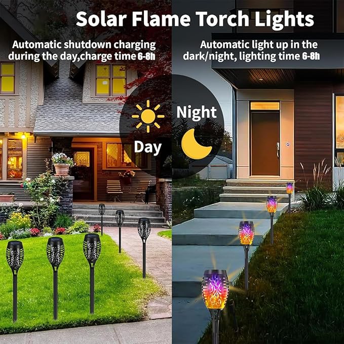 16 Pack Solar-Powered Flashlight Torches for Outdoor use, Dancing and Flickering Flame Torches for Landscape Decoration, Suitable for Paths, lawns, terraces (Colorful)