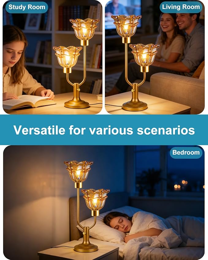 Lightdot Mid Century Modern Flower Table Lamp Gold Dimmable U-Shaped Brown Glass Desk Lamps with 2Pcs 3000K Warmwhite Bulbs Included Bedside Nightstand Lamp for Living Room Bedroom
