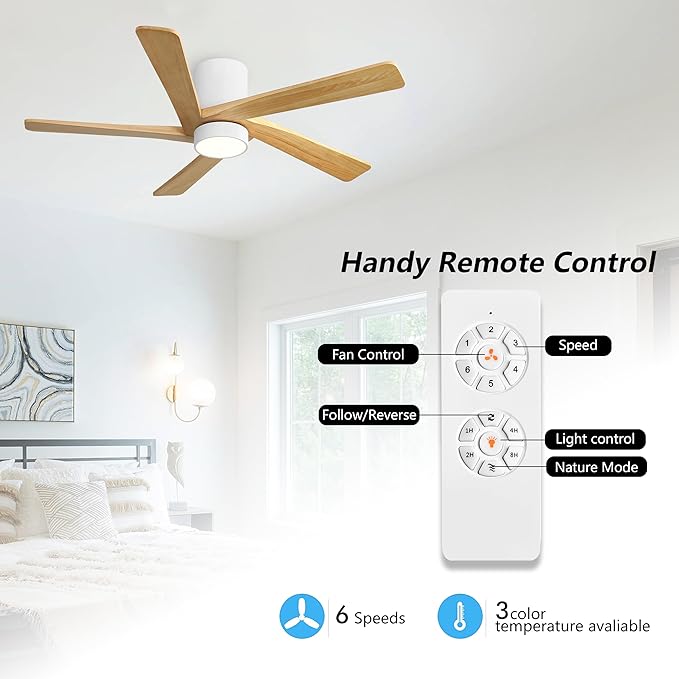 WINGBO 54 Inch Flush Mount DC Ceiling Fan with Lights and Remote, 5 Reversible Carved Wood Blades, 6-Speed Noiseless DC Motor, Hugger Ceiling Fan in White Finish with Oak Blades, ETL Listed