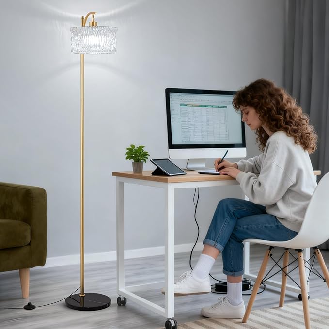 Dimmable Glass Floor Lamp for Living Room, Modern Gold Standing Lamp with Remote Control, Vintage Clear Glass Lampshade Tall Lamp for Bedroom Study Room(LED Bulb Included)
