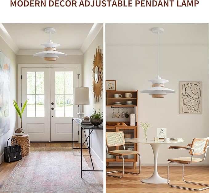 Modern Decor Adjustable Pendant Lamp Kitchen Island, Aluminum and Wood Finish,1-Light E26 Base Ceiling Hanging Light for Dining Room Shop Restaurant (White+Light Wood Grain, 35cm)