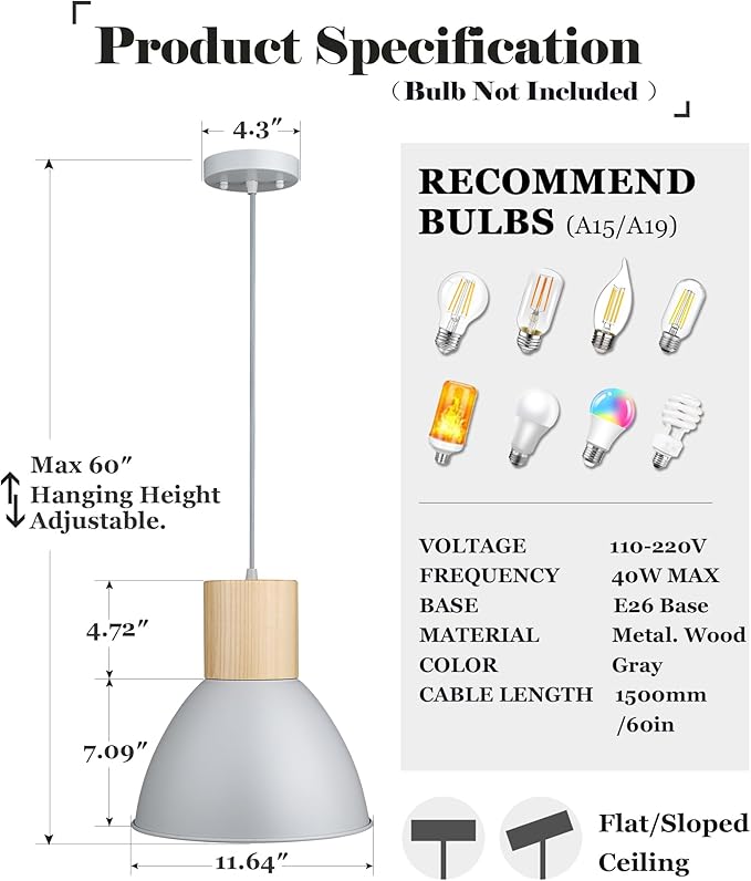 ELYONA Modern Pendant Light Fixtures, Wood Metal Hanging Lamp, Adjustable Height, 11.6" Nordic Island Pendant Lighting for Kitchen Sink, Bar, Office, Dining Room,Living Room, Bedroom, Soft Grey