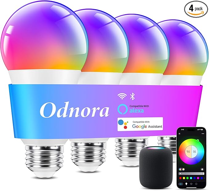 Smart Light Bulbs, Color Changing Light Bulb, Work with Alexa & Google Assistant, RGBWW A19 LED Light Bulbs Dimmable, 2.4GHz WiFi Bluetooth Light Bulb 60W Equivalent, Music Sync, 800LM, 4 Packs