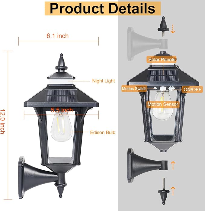 Solar Powered Wall Lantern Lights Outdoor with 3 Modes, Motion Sensor Solar Wall Light Waterproof, Dusk to Dawn LED Exterior Front Porch Lights Fixtures Wall Mount for Garage House Patio Doorway Yard