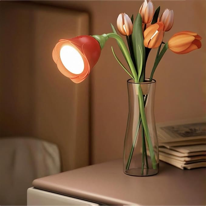 LIYAOLI Cute Cordless Flower Desk Lamp for Girls,Flexible Gooseneck,Rechargeable LED Lamp with USB Charging Port,3 Color Modes & Stepless Dimming, Office Desk Decor
