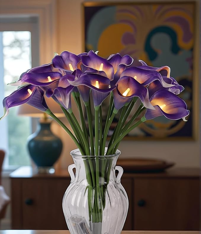 20pcs Lighted Artificial Calla Lily Bouquet Light Faux Floarl Night Light Real Touch Flower Night Lamp LED Calla Lily lighted Artificial Flower for Holiday Gifts Home Kitchen Decor(Purple, No Vase)
