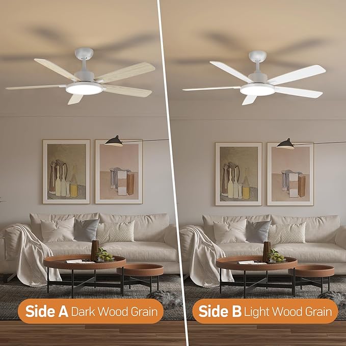 TALOYA 52 Inch White Ceiling Fans with Lights Led Back Light Remote Control Flush Mount Low Profile for Bedroom Living Room Outdoor Patio,Reversible,DC Motor,3 Color Temperatures,5 Blades