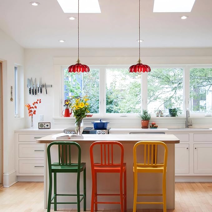 Plug in Pendant Light: Hanging Light Plug in Red Glass Hanging Lamp, Pendant Lighting for Kitchen Island, Bedroom, Dining Room, Living Room, E26 No Bulb