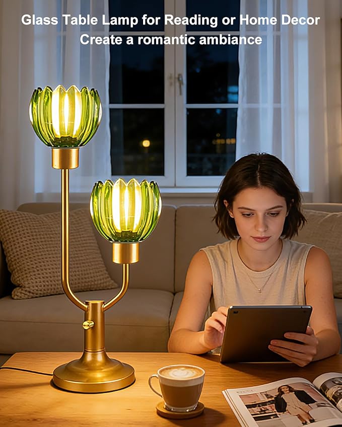 Lightdot Mid Century Modern Glass Table Lamp Gold Dimmable U-Shaped Desk Lamps with Green Glass Shade& 2Pcs 3000K Warmwhite Bulbs Included Bedside Nightstand Lamp for Living Room Bedroom