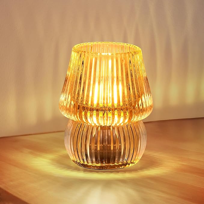 Small Battery Operated Lamp with Timer, Tiny Cordless Glass Table Lamp for Home Decor, Kitchen, Bathroom, Birthday Gift for Women, Mushroom, Amber
