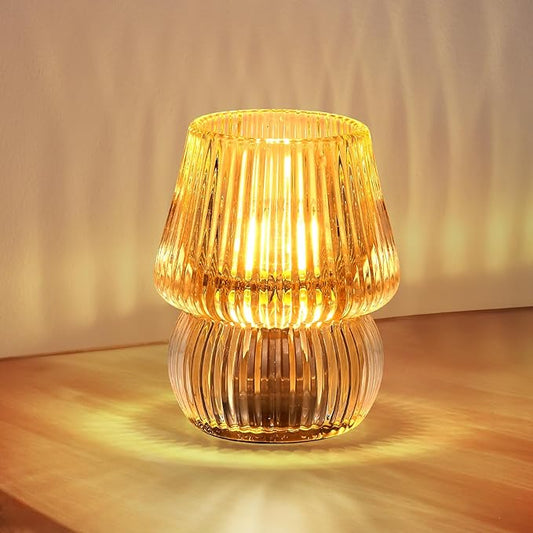 Small Battery Operated Lamp with Timer, Tiny Cordless Glass Table Lamp for Home Decor, Kitchen, Bathroom, Birthday Gift for Women, Mushroom, Amber