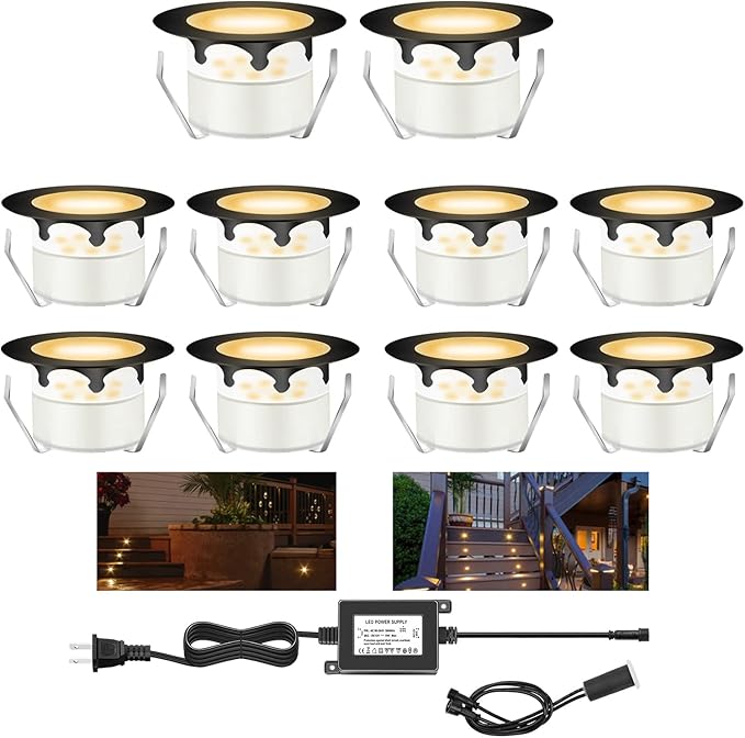Recessed LED Deck Lights Kits,10Pack Φ1.78 Step Lights Kits In Ground Outdoor LED Landscape Lighting IP67 Waterproof, 12V Low Voltage for Garden,Yard Steps,Stair,Patio,Floor,Deck Railings